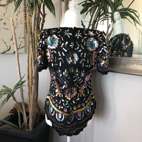 Vintage 80s Laurence Kazar Sequins Beaded Shirt S - Picture 7 of 10